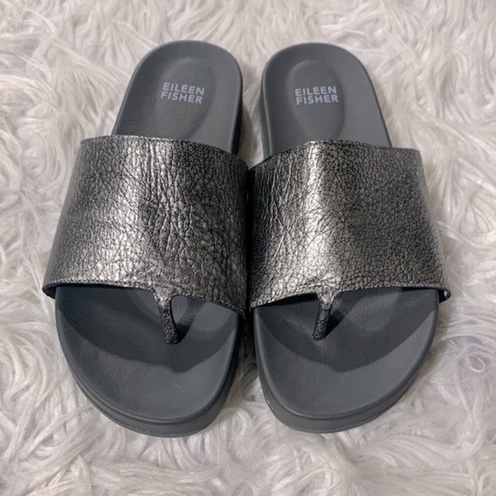 EILEEN Fisher motion slides sandals Pebbled leather in antique silver NWOT - Picture 2 of 8